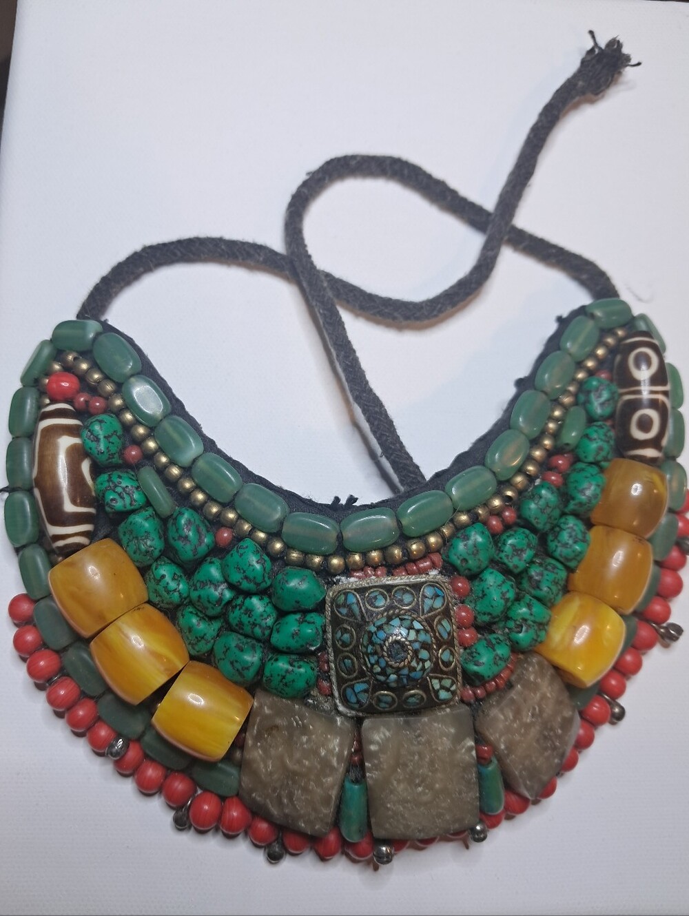 VTG Handmade Tibetan Ladakh Beaded Bib Statement Necklace Boho Tribal Collar